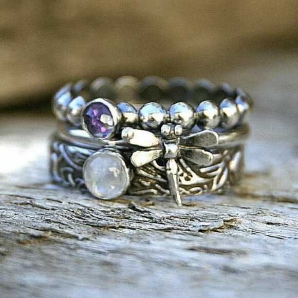 3 Layered Set Boho Dragonfly and Flower Stackable Ring #1119 - Picture 3 of 6
